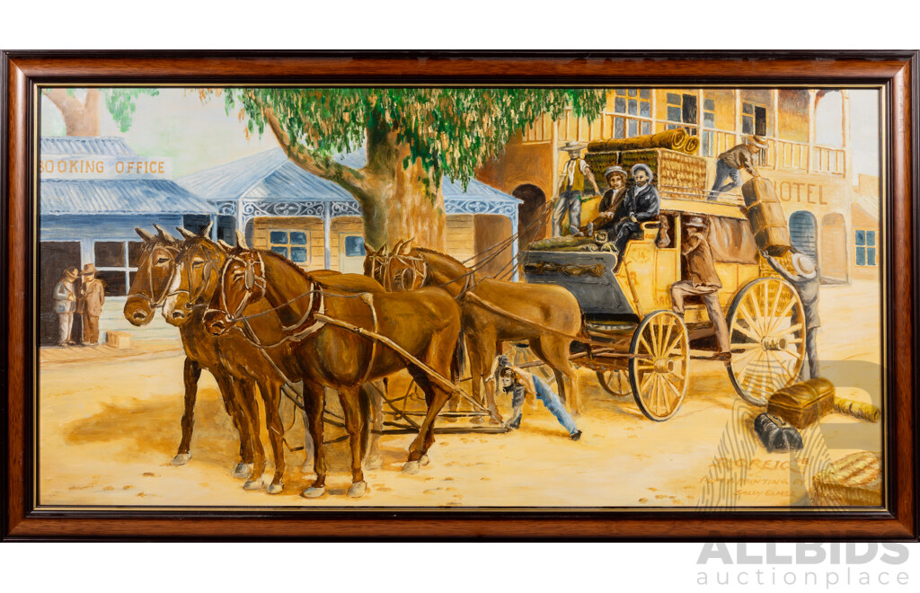 R. Greig, (20th Century), Leaving (or Arriving?) (1998), Oil on Board From a Painting by Sally Elmer, 59 x 109 ccm (frame)