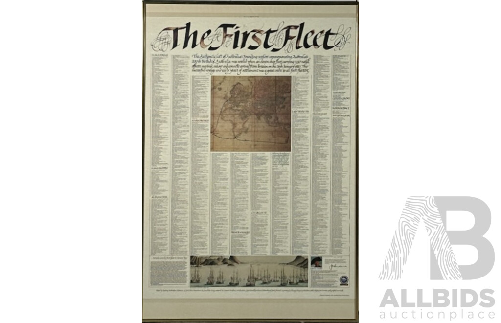 Wonderful Framed 200th Anniversary List of Passengers of the First Fleet to Australia, Printed c1988, 90.5 x 60.5 cm (frame)