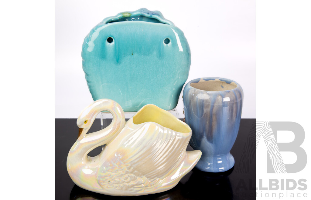 Collection Vintage Australian Ceramic Comprising Wembley Ware Swan Vase, MCP Skunk Vase & Daisy Merton Vase with Applied Flowers