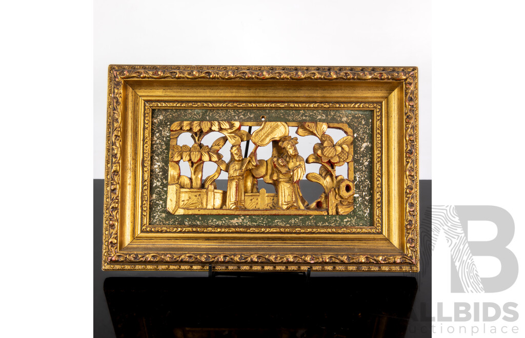 Antique Framed Chinese Carved Panel with Gilded Highlights