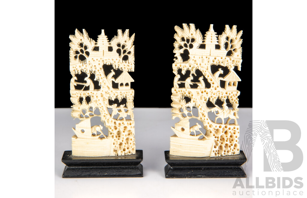 Pair Vintage Chinese Finely Carved Ivory Panels on Wooden Stands