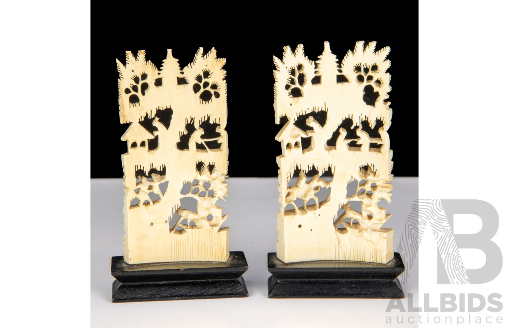 Pair Vintage Chinese Finely Carved Ivory Panels on Wooden Stands