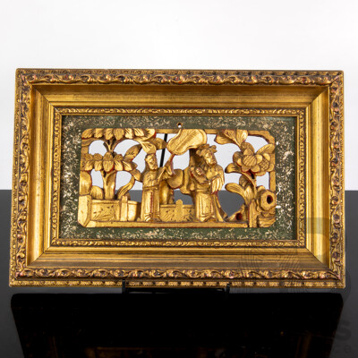 Antique Framed Chinese Carved Panel with Gilded Highlights