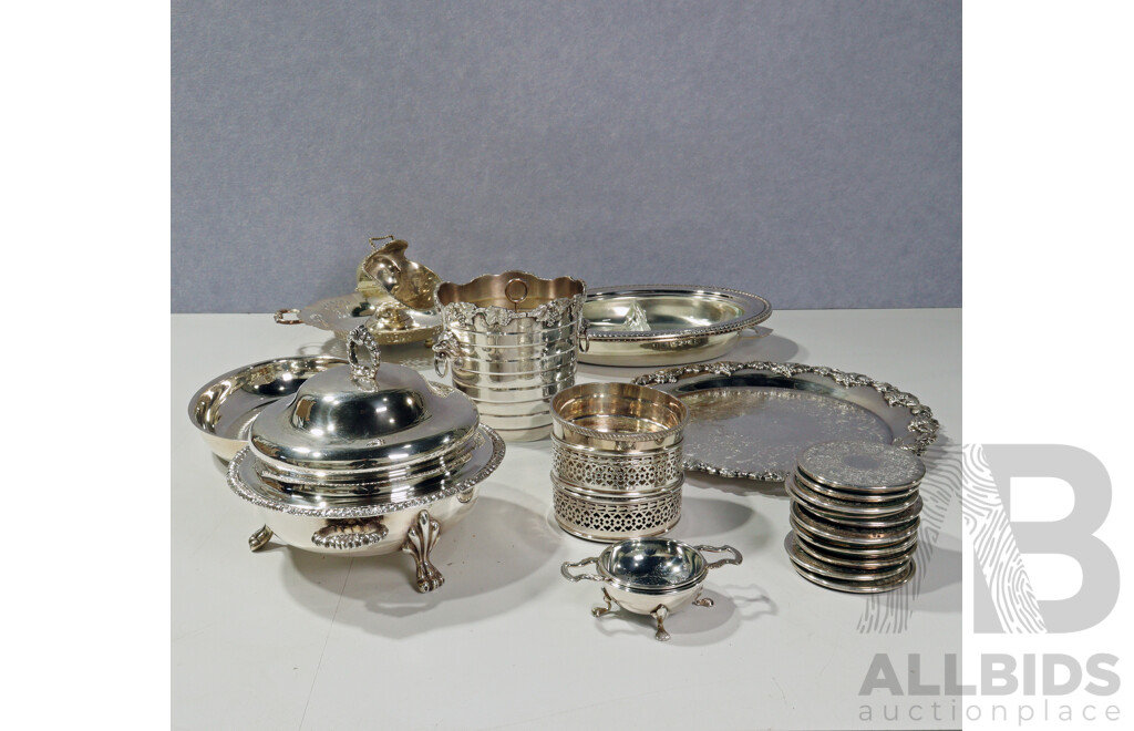 Collection Silver Plate Items Including Food Warmers, Set 12 Strachan Coasters and More