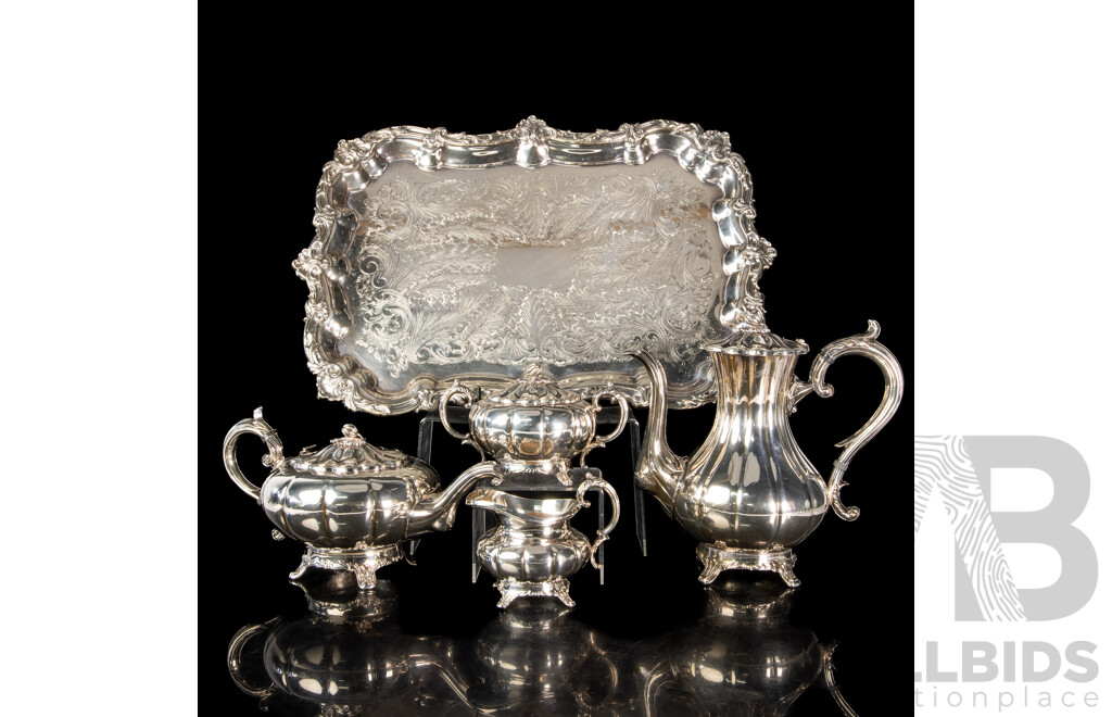 Vintage Viners Silver Plated Four Piece Tea Set with Gadrooned Sides on Tray