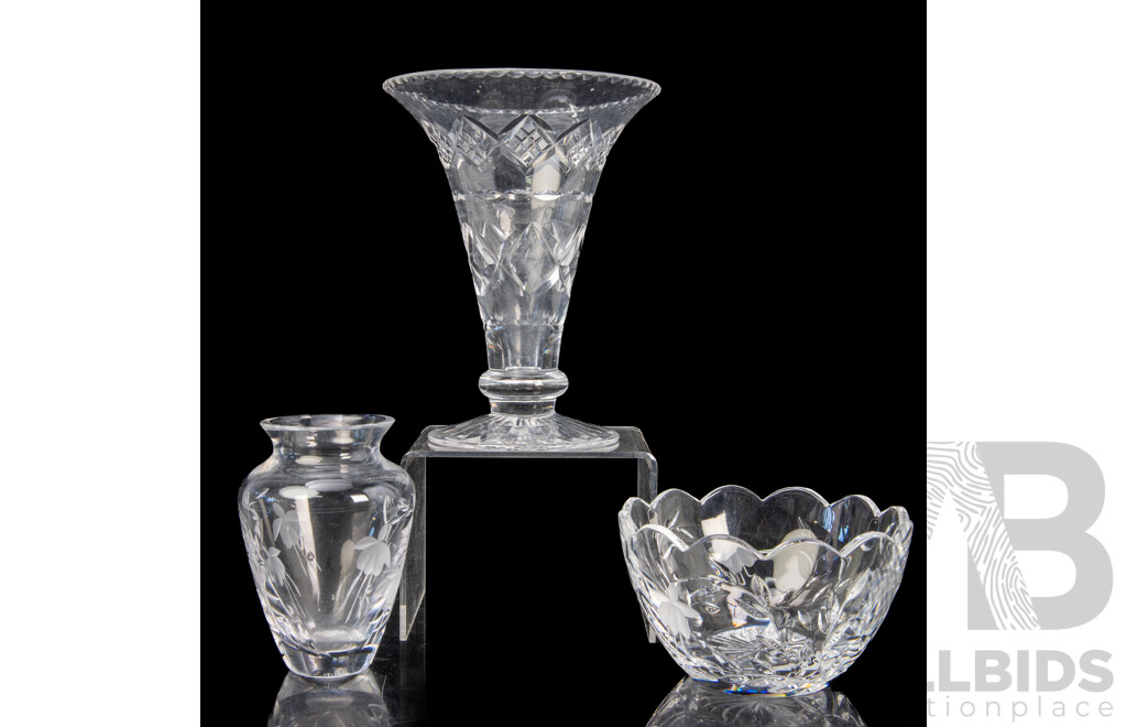 Collection Three Pieces Stuart Crystal Comprising Two Vases and Bowl