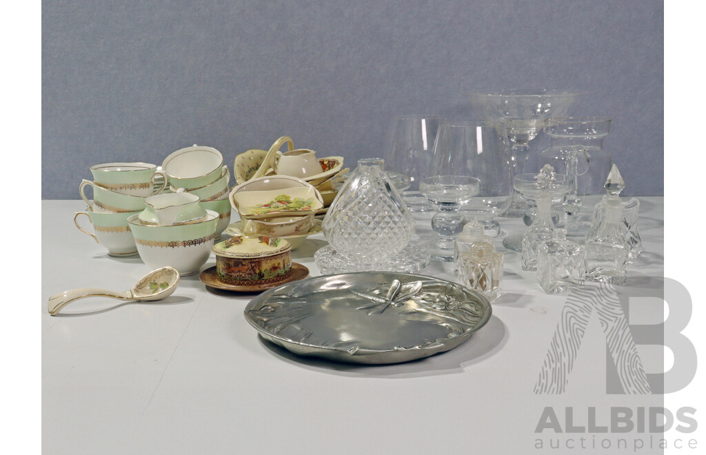 Collection Vintage & Other Porcelain, Glasswear, and More Including 21 Piece Cloclough Tea Set Italian Pewter Platter, Pair Tea Light Holders with Covers and More