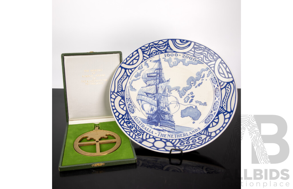 Delft Display Plate Commemorating 400 Years of Australian Dutch Contact Along with Replica Brass Astrolabe From the Batavia, Wrecked on the WA Coast in 1628