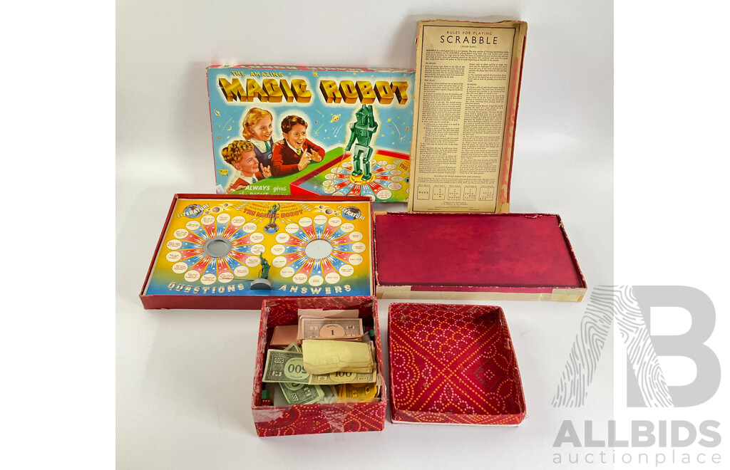 Vintage Merit Toy Amazing Magic Robot, Made in England, Scrabble, Made in Australia and Monopoly Money, Cards, Houses