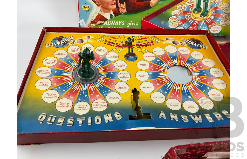 Vintage Merit Toy Amazing Magic Robot, Made in England, Scrabble, Made in Australia and Monopoly Money, Cards, Houses
