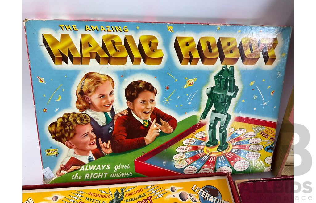 Vintage Merit Toy Amazing Magic Robot, Made in England, Scrabble, Made in Australia and Monopoly Money, Cards, Houses