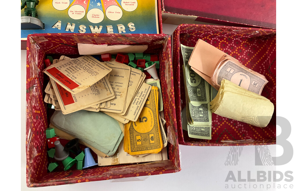 Vintage Merit Toy Amazing Magic Robot, Made in England, Scrabble, Made in Australia and Monopoly Money, Cards, Houses