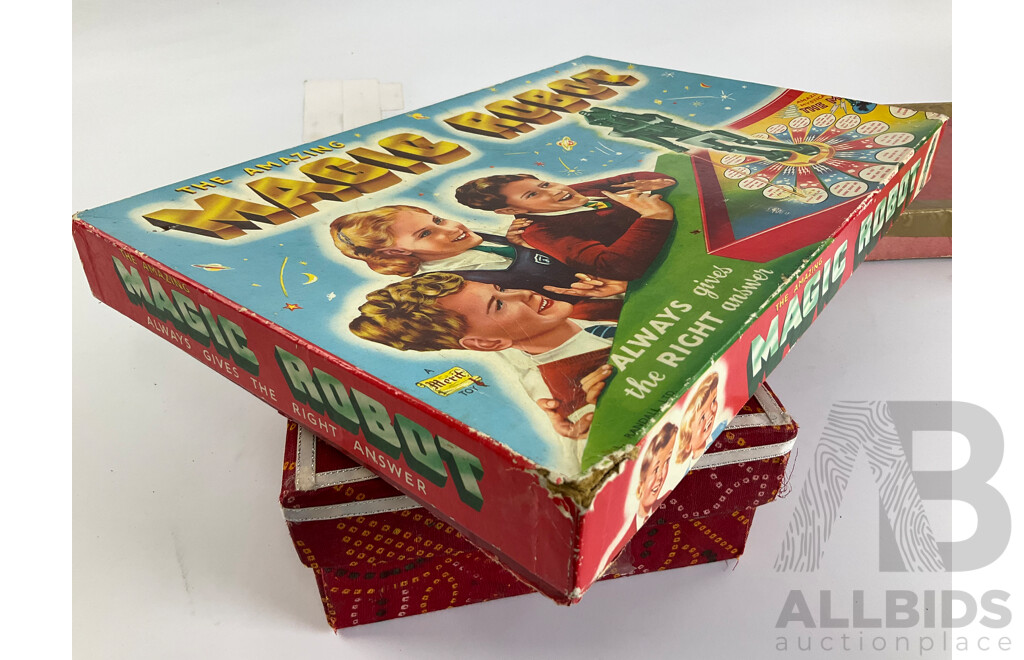 Vintage Merit Toy Amazing Magic Robot, Made in England, Scrabble, Made in Australia and Monopoly Money, Cards, Houses