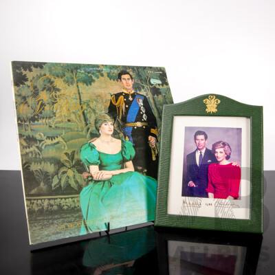 Photograph of Prince Charles and Lady Diana, Signed by Both, 1988, in Frame with Coronet Symbol to Top, Along with Vinyl LP Record of the Wedding