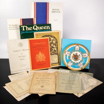 Collection English Royal Memorabilia Including Royal Collection Porcelain Plate in Original Box, Pamphlets, Literature and More