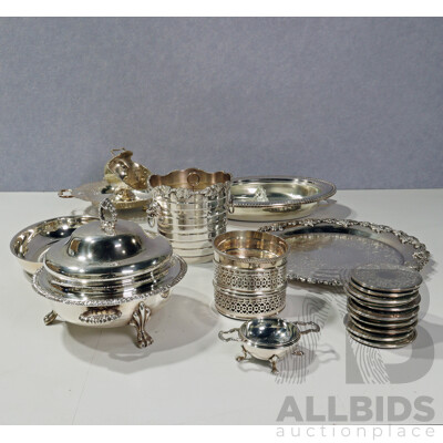 Collection Silver Plate Items Including Food Warmers, Set 12 Strachan Coasters and More