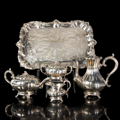 Vintage Viners Silver Plated Four Piece Tea Set with Gadrooned Sides on Tray