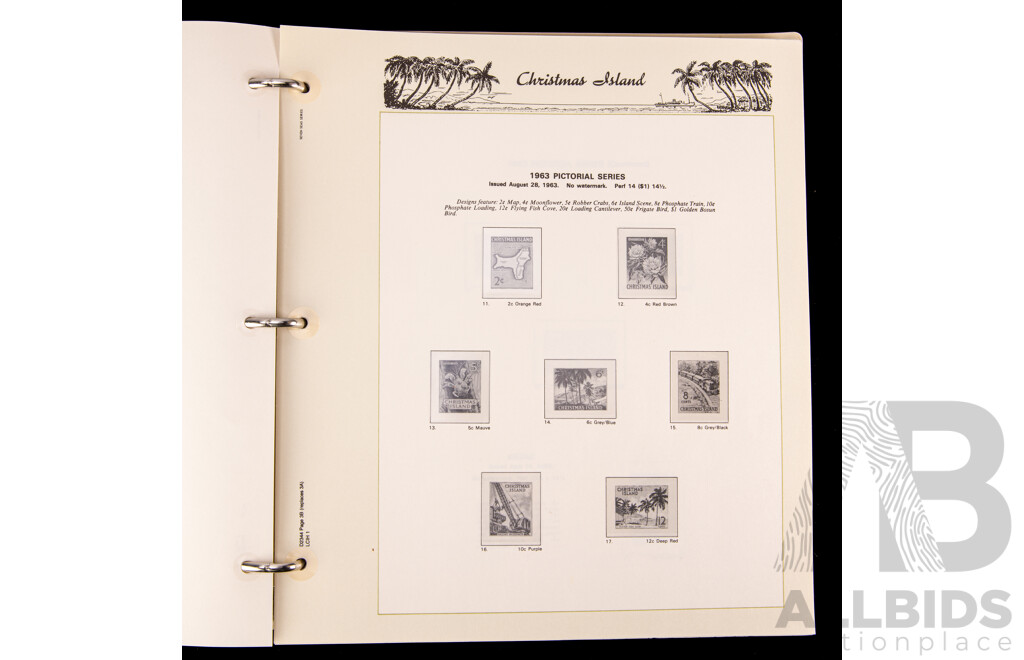 Vintage Christmas Island Seven Seas Hingeless Album, Examples Spanning1972 to 1996 with Christmas Island Lunar Year Stamp Packs, Mini Sheets and Post Cards, Consecutive Examples 1999 to 2011, 2014, 2015