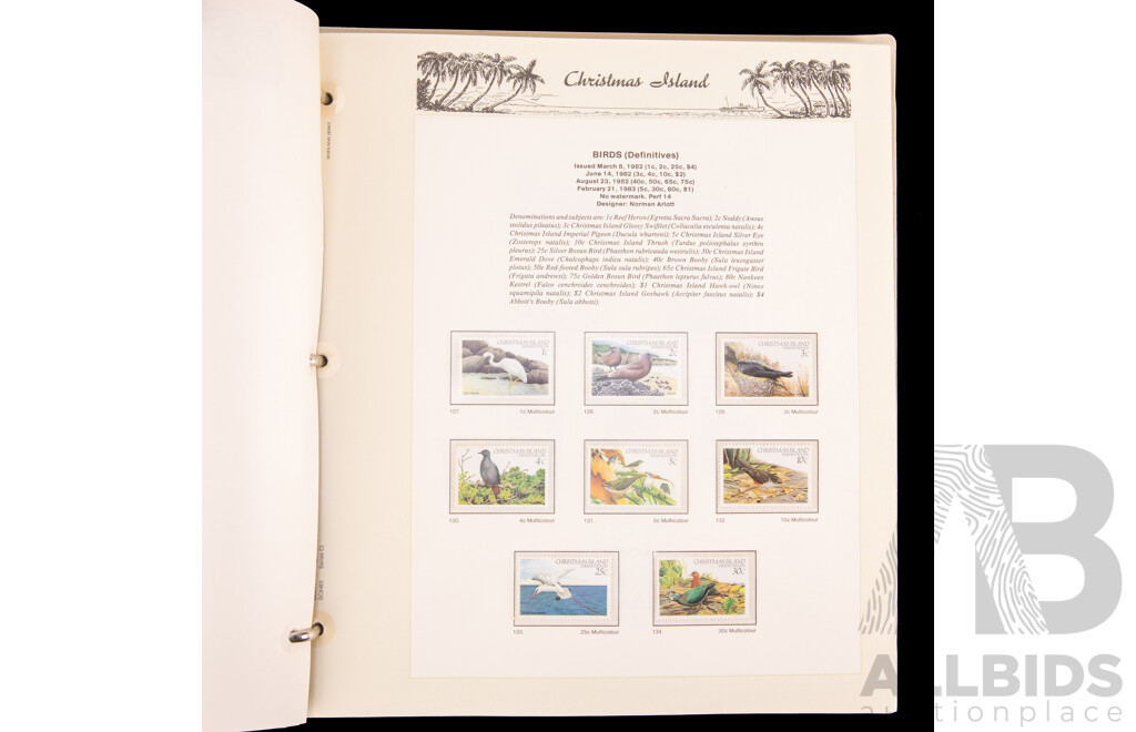 Vintage Christmas Island Seven Seas Hingeless Album, Examples Spanning1972 to 1996 with Christmas Island Lunar Year Stamp Packs, Mini Sheets and Post Cards, Consecutive Examples 1999 to 2011, 2014, 2015