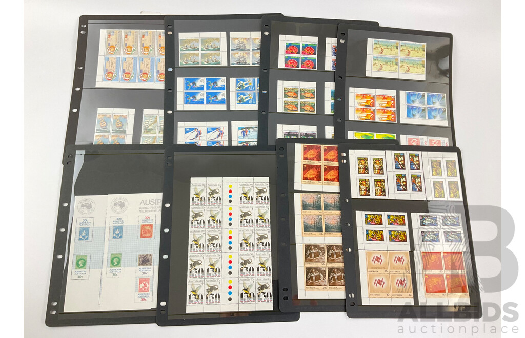 Australian 1984 Mint Stamp Blocks Including Sets, Clipper Ships, AUSIPEX, Rock Paintings, Painting Series Charles Condor Block of Four Five Dollars