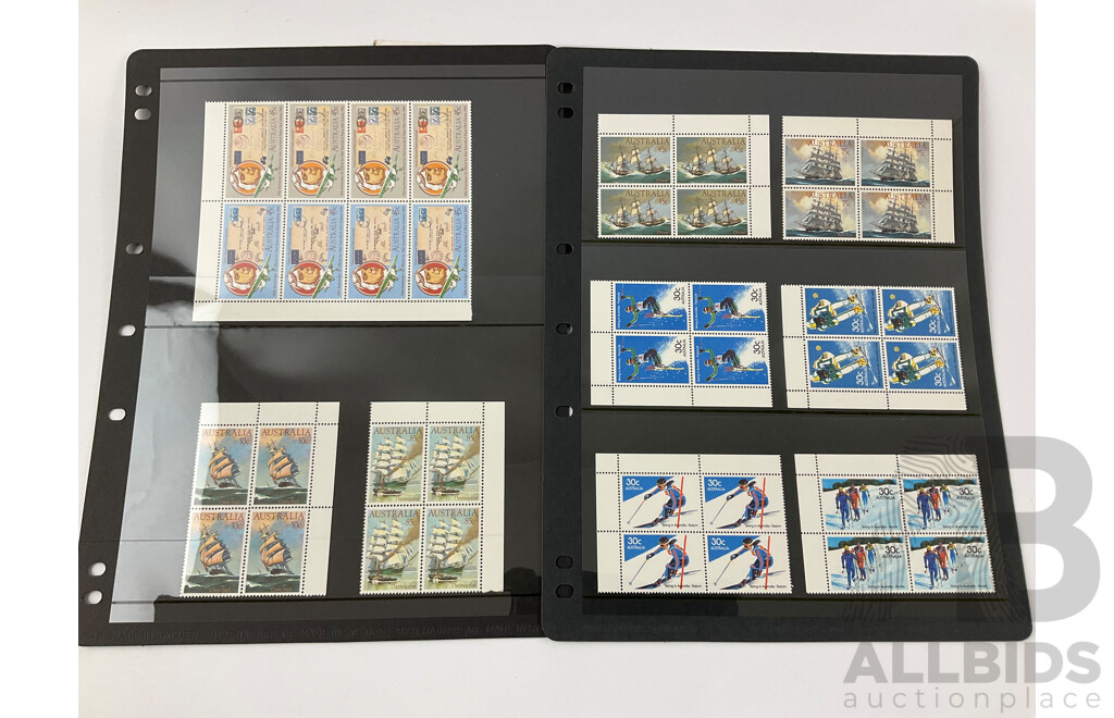 Australian 1984 Mint Stamp Blocks Including Sets, Clipper Ships, AUSIPEX, Rock Paintings, Painting Series Charles Condor Block of Four Five Dollars