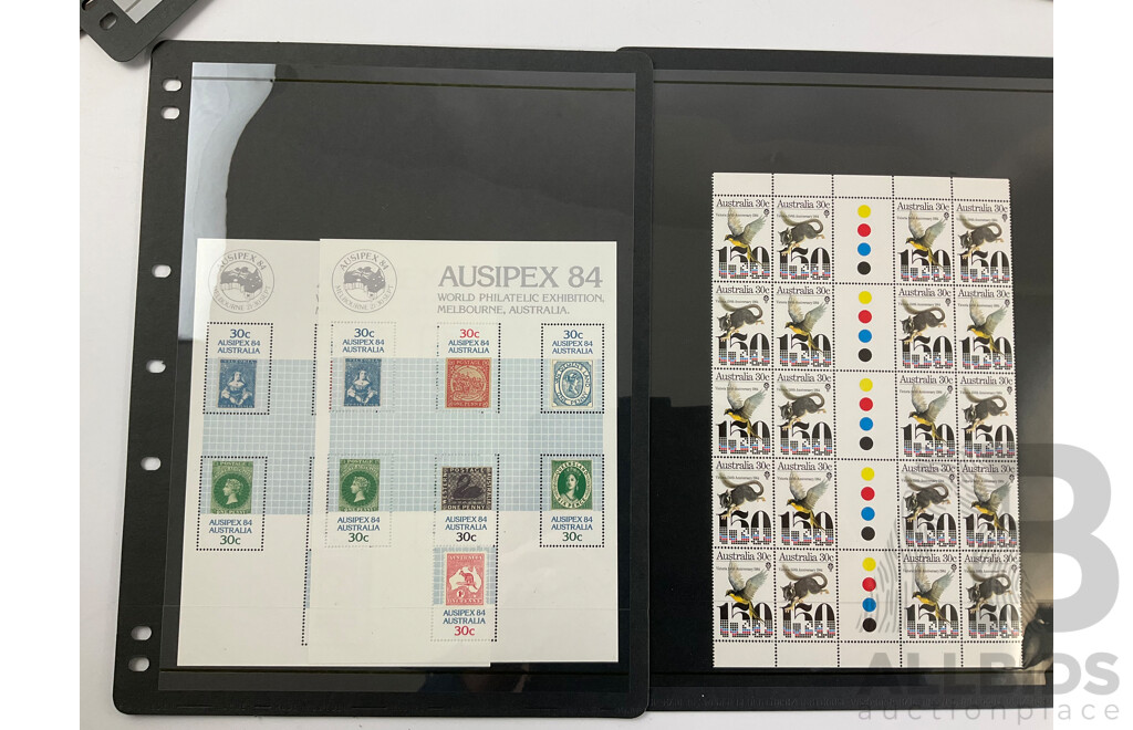 Australian 1984 Mint Stamp Blocks Including Sets, Clipper Ships, AUSIPEX, Rock Paintings, Painting Series Charles Condor Block of Four Five Dollars