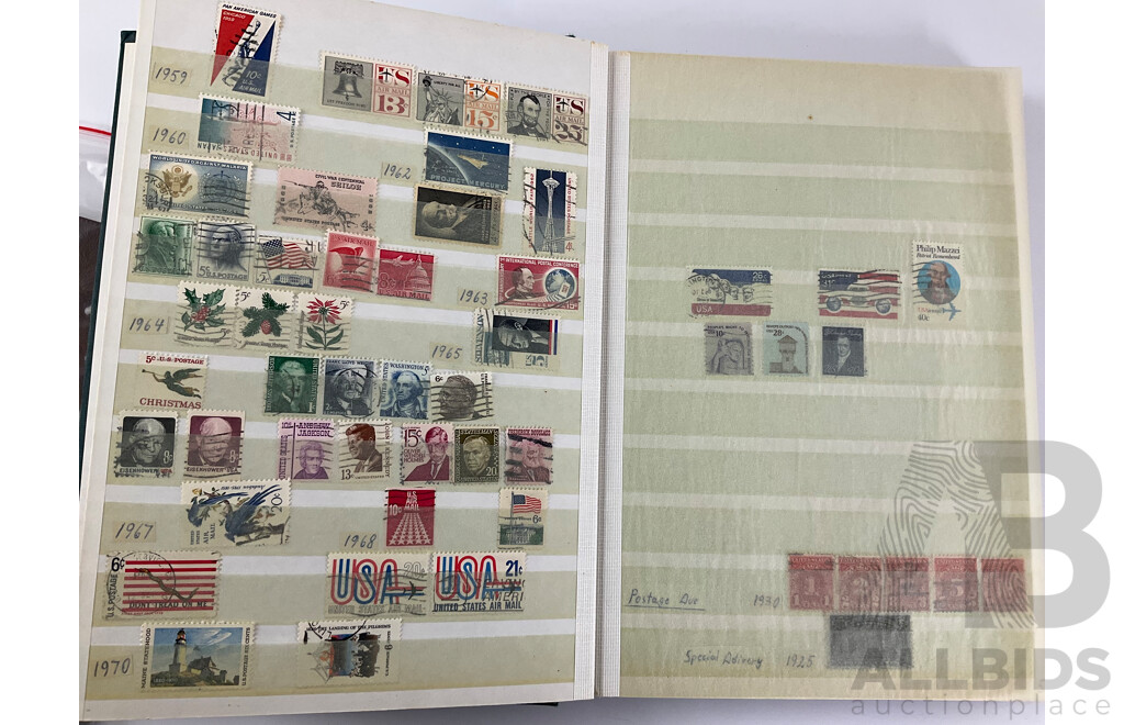 Album of Antique and Vintage International Stamps Including USA Inter Revenue Overprints, Lincoln, Franklin, Washington, Roosevelt, Canada QV, KEVII KGV, New Zealand Predecimal, Great Britain, Denmark, Germany