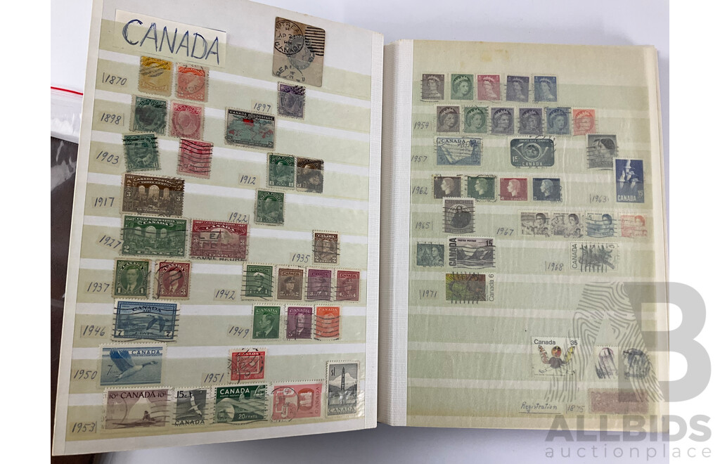 Album of Antique and Vintage International Stamps Including USA Inter Revenue Overprints, Lincoln, Franklin, Washington, Roosevelt, Canada QV, KEVII KGV, New Zealand Predecimal, Great Britain, Denmark, Germany