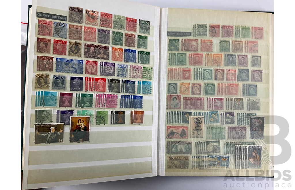 Album of Antique and Vintage International Stamps Including USA Inter Revenue Overprints, Lincoln, Franklin, Washington, Roosevelt, Canada QV, KEVII KGV, New Zealand Predecimal, Great Britain, Denmark, Germany