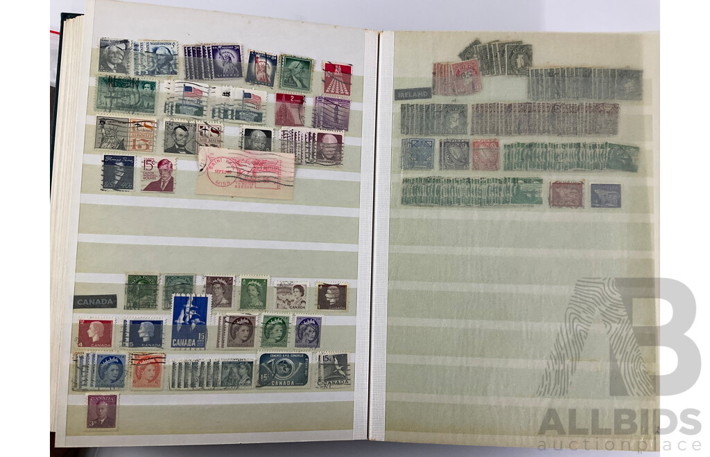 Album of Antique and Vintage International Stamps Including USA Inter Revenue Overprints, Lincoln, Franklin, Washington, Roosevelt, Canada QV, KEVII KGV, New Zealand Predecimal, Great Britain, Denmark, Germany