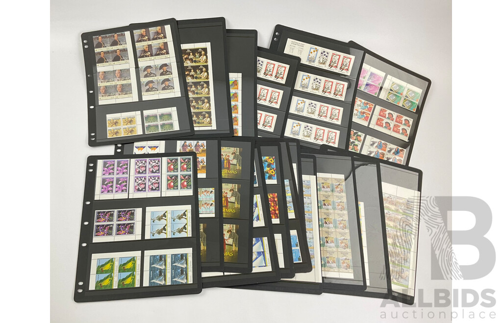 Collection of Australian 1980's Mint Stamp Blocks and Sheets Including Sets, Bicentennial, Click Go the Shears, Christmas 1986 and More
