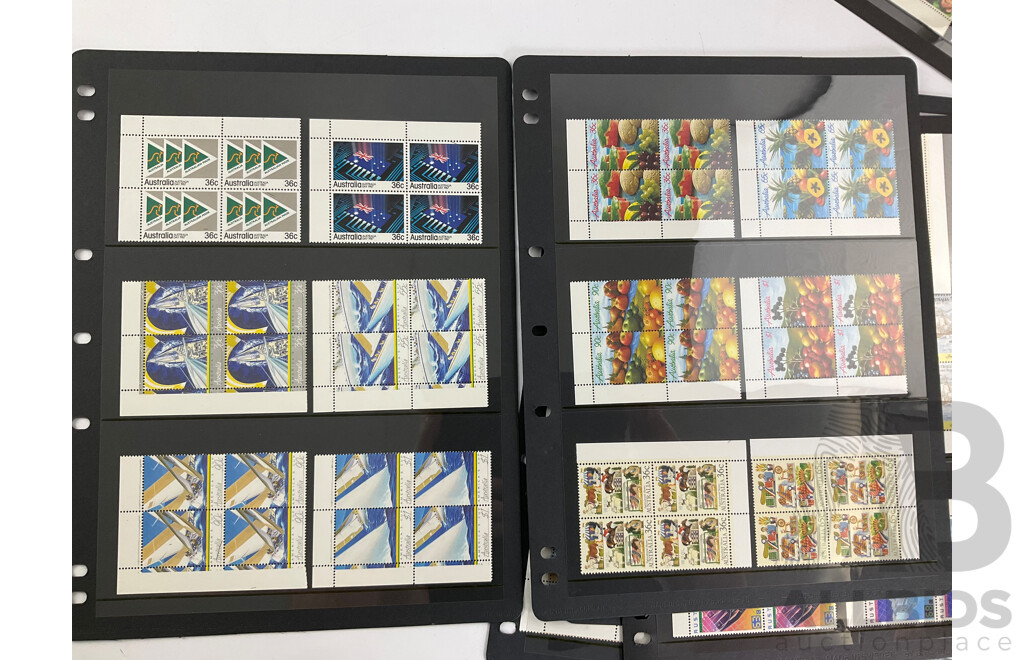 Collection of Australian 1980's Mint Stamp Blocks and Sheets Including Sets, Bicentennial, Click Go the Shears, Christmas 1986 and More