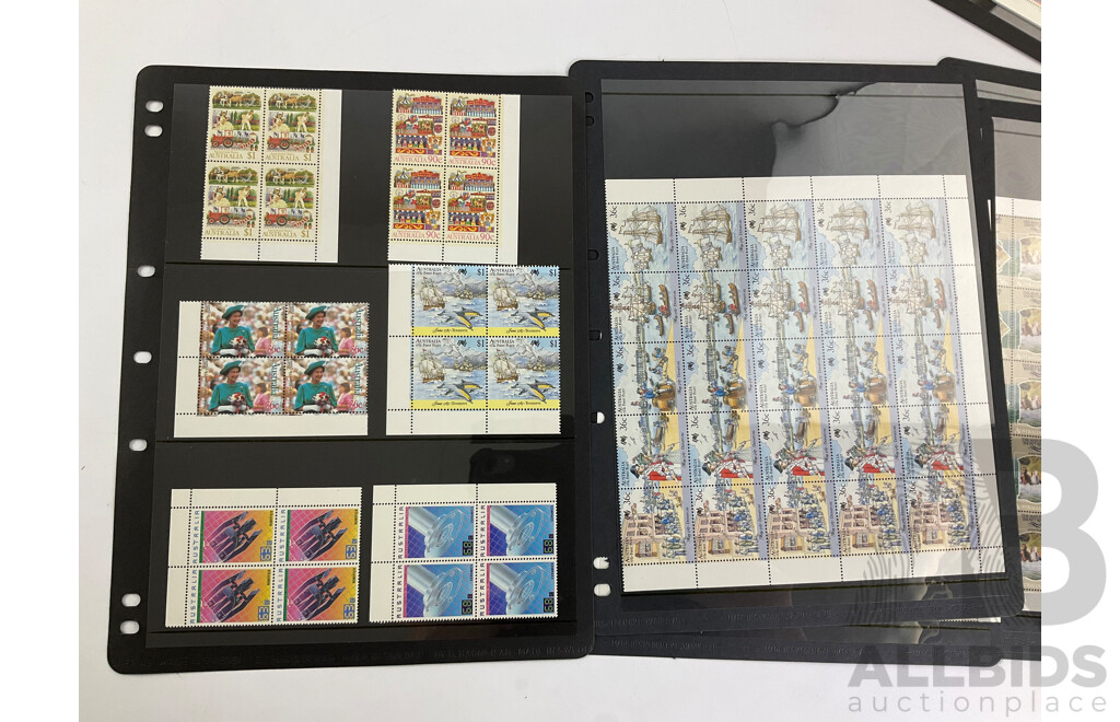 Collection of Australian 1980's Mint Stamp Blocks and Sheets Including Sets, Bicentennial, Click Go the Shears, Christmas 1986 and More