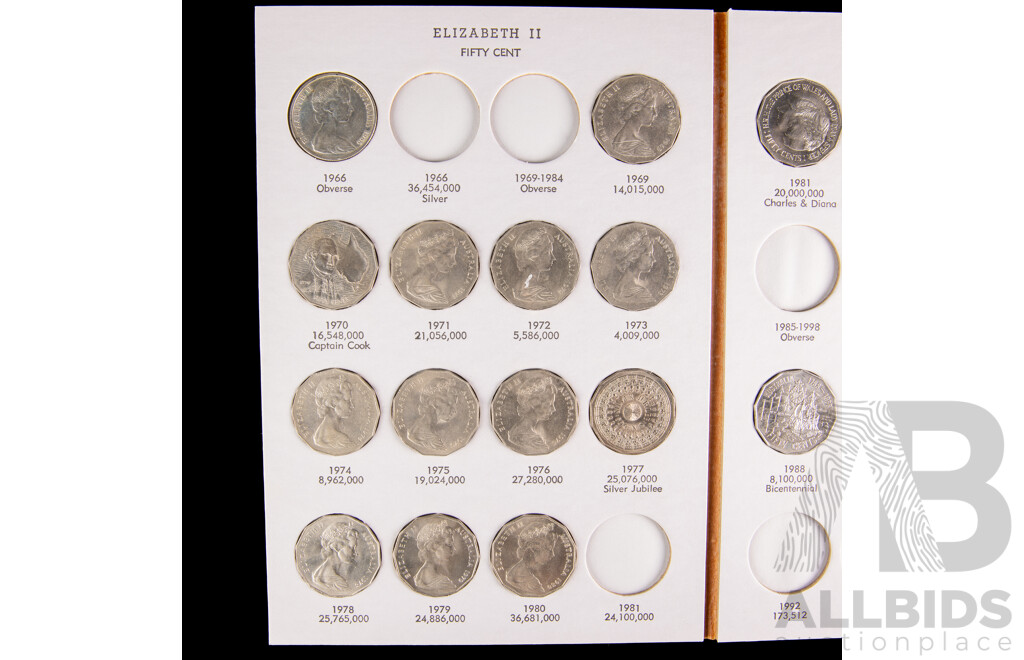 Australian Dansco Fifty Cent Coin Album Including 1966 Round Silver Fifty Cent