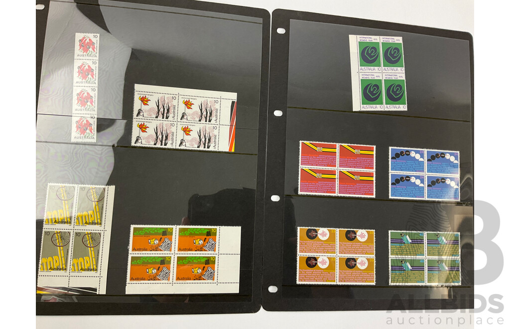 Australian Mint Stamp Blocks and Strips Spanning 1975 to 1978 Including Sets, Block of Four Ten Dollar Australian Paintings Tom Roberts