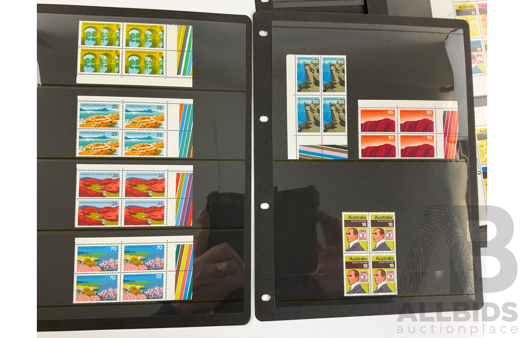 Australian Mint Stamp Blocks and Strips Spanning 1975 to 1978 Including Sets, Block of Four Ten Dollar Australian Paintings Tom Roberts