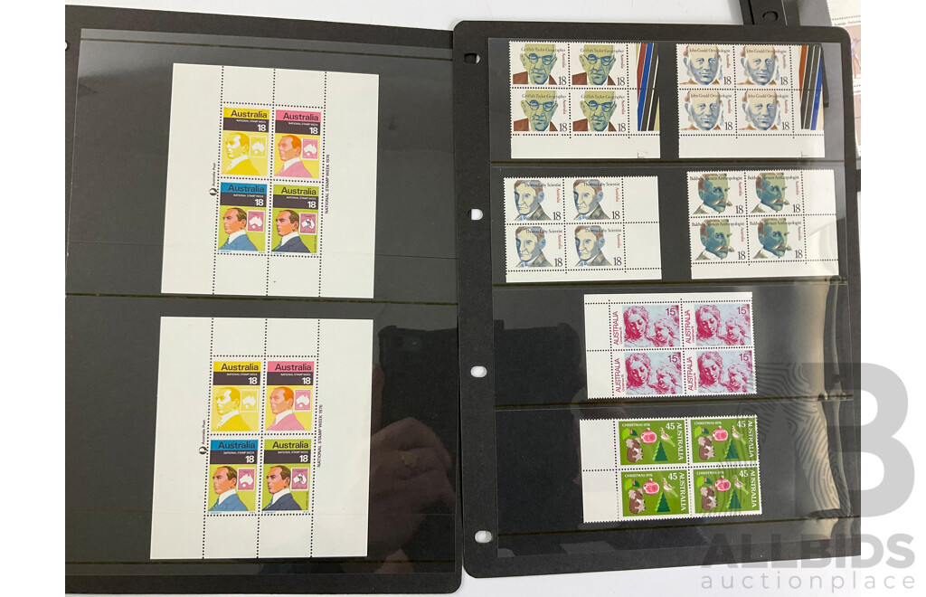 Australian Mint Stamp Blocks and Strips Spanning 1975 to 1978 Including Sets, Block of Four Ten Dollar Australian Paintings Tom Roberts