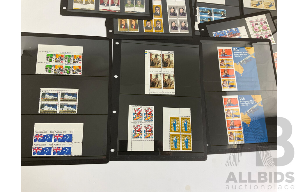 Australian Mint Stamp Blocks and Strips Spanning 1975 to 1978 Including Sets, Block of Four Ten Dollar Australian Paintings Tom Roberts