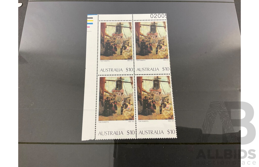 Australian Mint Stamp Blocks and Strips Spanning 1975 to 1978 Including Sets, Block of Four Ten Dollar Australian Paintings Tom Roberts