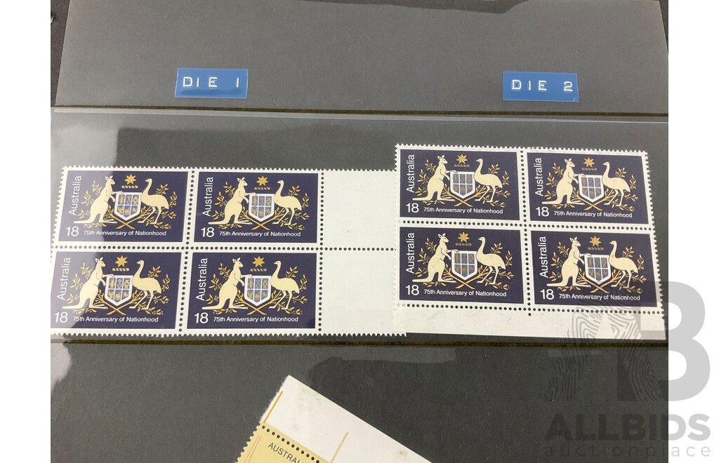 Australian Mint Stamp Blocks and Strips Spanning 1975 to 1978 Including Sets, Block of Four Ten Dollar Australian Paintings Tom Roberts