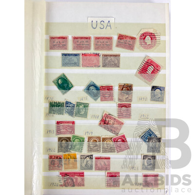 Album of Antique and Vintage International Stamps Including USA Inter Revenue Overprints, Lincoln, Franklin, Washington, Roosevelt, Canada QV, KEVII KGV, New Zealand Predecimal, Great Britain, Denmark, Germany