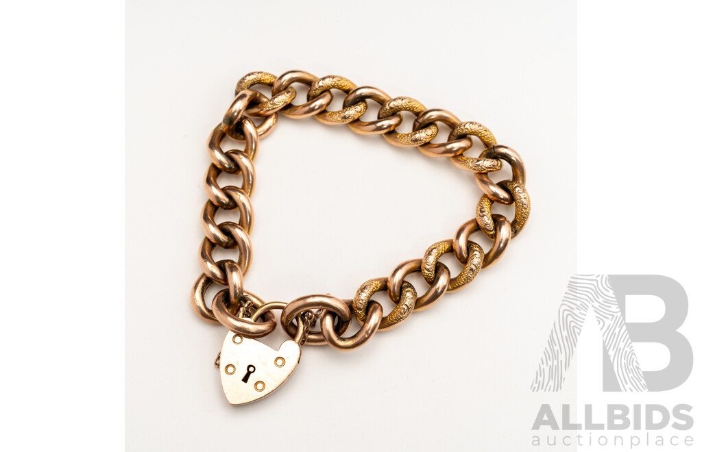 8-9ct Vintage Rose Gold Patterned Curb Link Bracelet with Heart Shaped Padlock Clasp, 18cm, 21.50 Grams