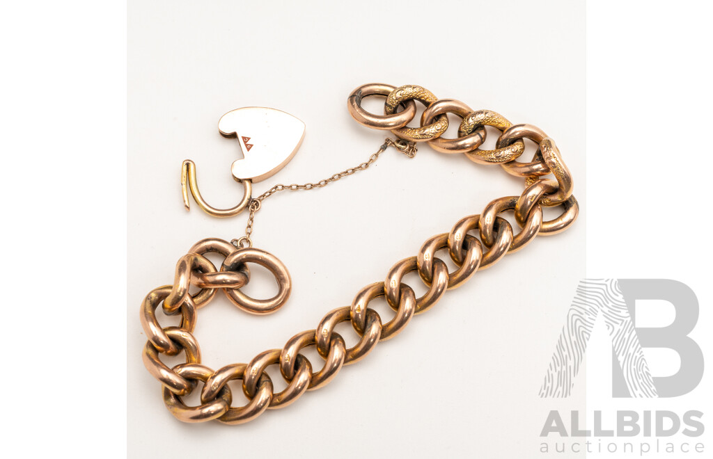 8-9ct Vintage Rose Gold Patterned Curb Link Bracelet with Heart Shaped Padlock Clasp, 18cm, 21.50 Grams