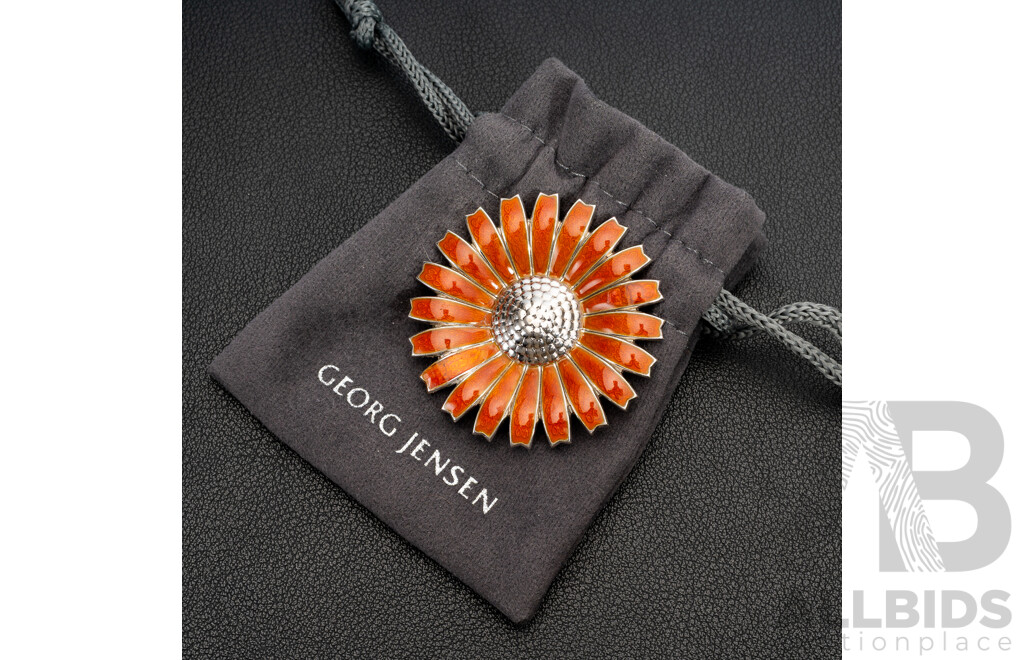 Georg Jensen Danish Sterling Silver Orange Enamel Daisy Brooch/pendant, 43mm, 18.75 Grams