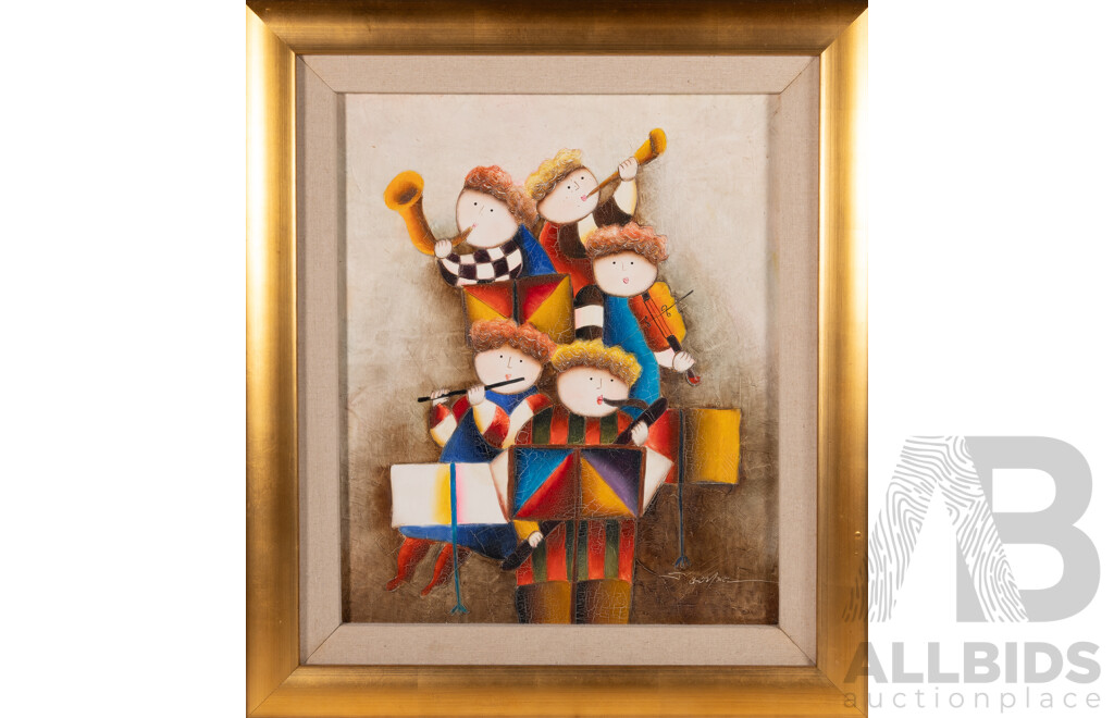 Joyce Roybal (20th Century, British, 1955-), Band, Original Oil & Mixed Media on Canvas, 82 x 71 cm (frame)