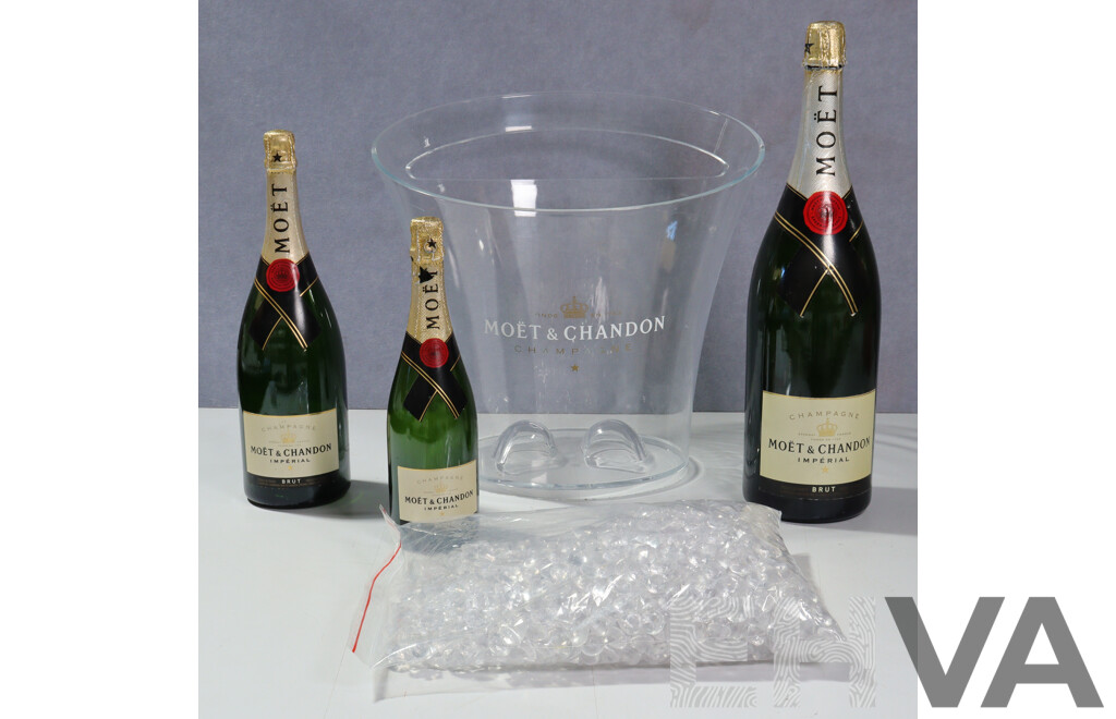 Moet Chandon Ice Bucket, Three Empty Bottles and Glass Ice