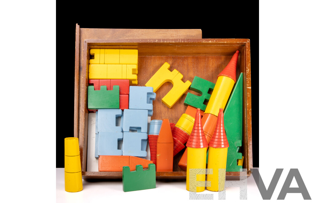 Collection of Vintage Painted Timber Building Blocks