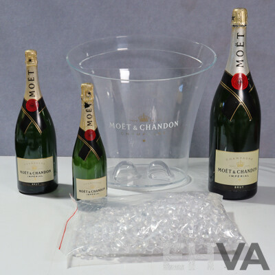 Moet Chandon Ice Bucket, Three Empty Bottles and Glass Ice