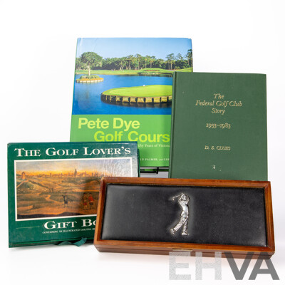 Collection Golf Memorabilia Including the Federal Golf Club Story by D S Clues, Two Trophies and Two Selangor Pewter Engraved Trophies Along with Golf Themed Lidded Box