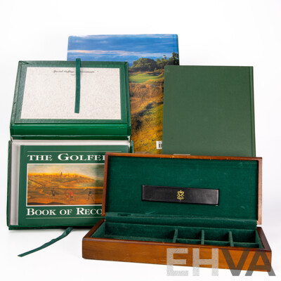 Collection Golf Memorabilia Including the Federal Golf Club Story by D S Clues, Two Trophies and Two Selangor Pewter Engraved Trophies Along with Golf Themed Lidded Box